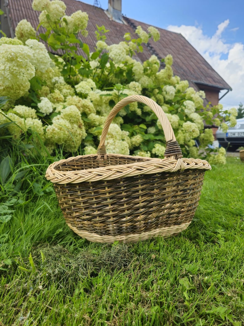 May include: Oval-shaped woven basket with a handle. The basket is made of natural and dark brown wicker, with a light-colored rim and handle. The basket is sitting on green grass.