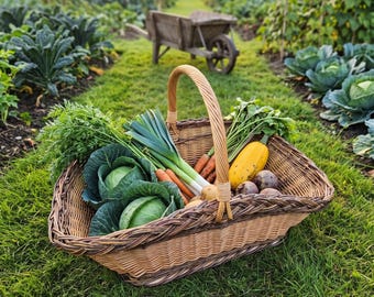 May include: A large, rectangular woven wicker basket with a single arched handle, filled with fresh garden produce including green cabbage heads, orange carrots, green leeks, a yellow squash, and several round purple beets.