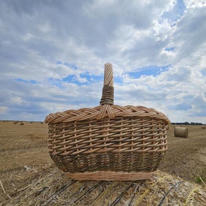 May include: A woven wicker basket with a handle, featuring a natural color palette of light and dark browns. The basket is set against a backdrop of a field and a cloudy sky. The basket is sitting on a hay bale.