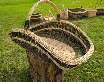 Extra-large Wicker Basket | Two-Tone Willow Trug for Foraging & Flower Gathering | Rustic Farmhouse Decoration