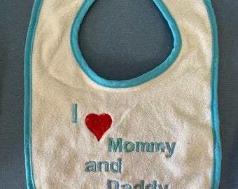 Embroidered Baby Bibs, I love mommy bib, bib with hearts