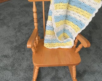 Crochet Baby Blanket: White, Yellow & Blue - Crib, Stroller, Car Seat