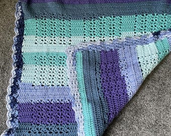 Crocheted Baby Blanket: Blues, Teal & Purple Acrylic Yarn, 30" x 28"