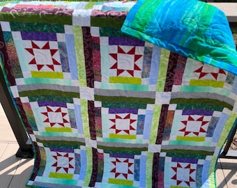 Patchwork Lap Quilt: Bright Batik Backing, Picnic Blanket Throw (59x44)