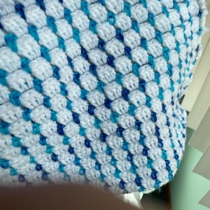 Crochet baby blanket, little boy blanket, crib, car seat cover, facetime blanket, blue and white crochet blanket