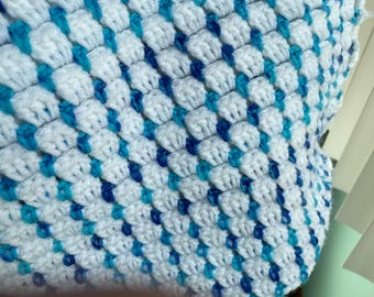 Blue and White Crochet Baby Blanket: Crib, Car Seat Cover (30x30 inches