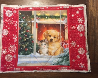 Reversible Christmas Placemat: Puppy, Kitten & Silver Snowman