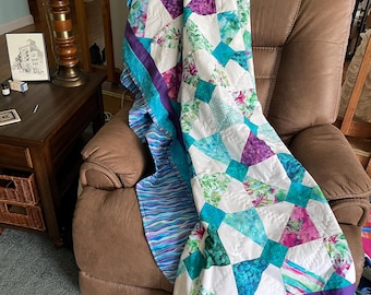 Patchwork Quilt: Bright Spring Blanket, Blues Purples Turquoise -70x84 in