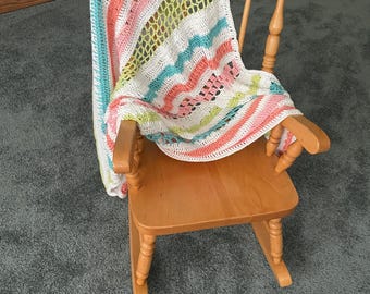 Soft Crocheted Baby Blanket: Teal, Peach, Green, & Pink - 34" x 36"