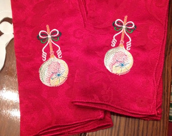 Embroidered Christmas Napkins: Red Linen Appetizer Napkins