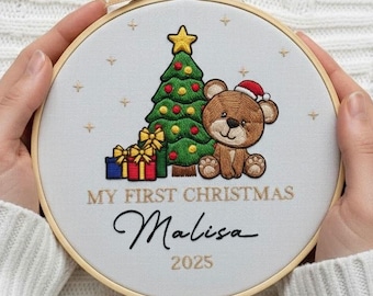 Personalized Baby's First Christmas Embroidered Ornament, Teddy Bear Keepsake