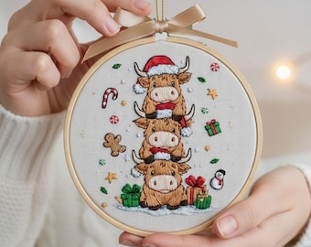 Highland Cow Christmas Embroidered Ornament, Festive Holiday Decor