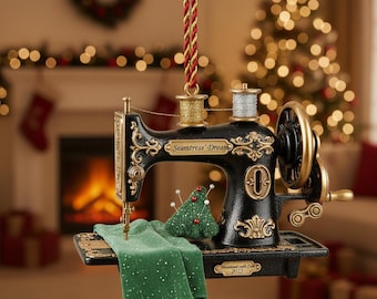 May include: A black and gold sewing machine Christmas ornament with the text "Seamstress' Dream". The ornament includes a green fabric and a Christmas tree pin cushion. The ornament is hanging from a red and gold string.