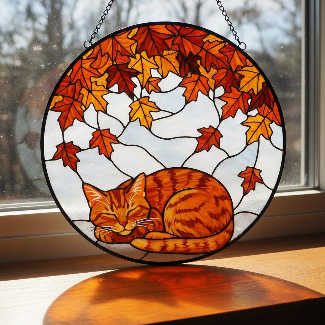 Sleeping Orange Tabby Cat Stained Glass Suncatcher, Autumn Maple Leaves ...