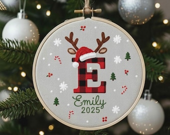 Personalized Embroidered Christmas Ornament, Buffalo Plaid Initial Tree Decor