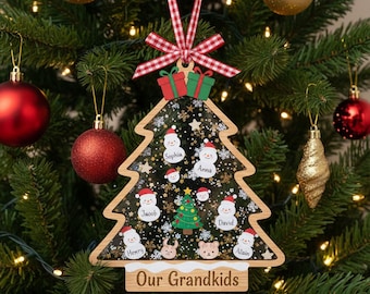 Personalized Grandkids Christmas Ornament, Custom Family Tree, Acrylic & Plywood