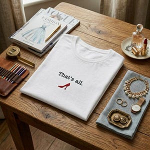 May include: White t-shirt with the text "That's all" and a red high heel shoe graphic. The shirt is on a wooden table with a Vogue magazine, jewellery, and makeup.