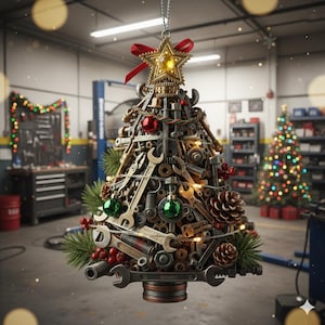May include: A unique Christmas tree ornament crafted from various metal tools, including wrenches, bolts, and gears. The tree is adorned with red and green ornaments, pinecones, and a gold star topper with a red ribbon. The ornament hangs in a garage setting.