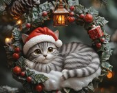 Cute Cat Christmas Wreath | Kitten in Santa Hat Door Decor | Holiday Cat Lover Gift | Cozy Winter Pet Wall Hanging Art