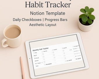 May include: Aesthetic layout image featuring a tablet displaying a habit tracker template. The text reads "ADHD-Friendly Habit Tracker" and "Notion Template." A cup of coffee, a pen, and a small plant in a white pot are also visible.
