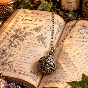 May include: A round, antique brass-colored locket pendant with an intricate filigree cage design, suspended from a matching metal chain. The pendant rests on an open book page titled Lunae Flos, which features botanical illustrations and text.