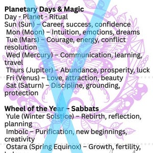 May include: A Pocket Witch Guide detailing moon phases, full moon names, planetary days, Sabbats, and solar events. The guide provides information on each phase and event, including the New Moon, Wolf Moon, and Yule.