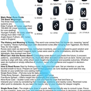 May include: A guide to runes, displaying 24 symbols with names such as FEHU and URUZ. The image details rune meanings, reading techniques, and spreads for divination, including single, three, five, and nine rune layouts. The text offers historical context and guidance.