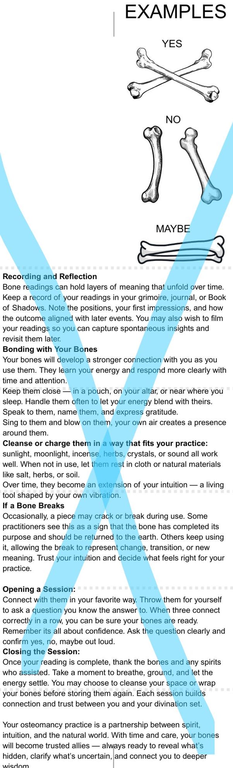 May include: An illustration of bone divination tools, featuring the words "EXAMPLES", "YES", "NO", and "MAYBE". The image shows three sets of bones, used for spiritual readings and connecting with intuition. The image is on a white background.