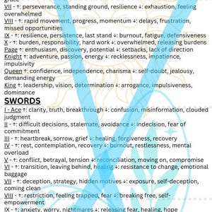 May include: A tarot card chart labelled "Minor Arcana" detailing the meanings of the Cups, Wands, Swords, and Pentacles suits. The text is set against a white backdrop with a decorative border.