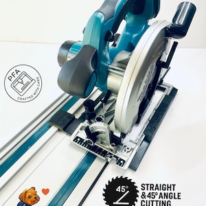 May include: A teal and silver circular saw with a black handle and blade guard. The saw is on a track system with a ruler. Text on the image says "STRAIGHT & 45° ANGLE CUTTING" and "PrintForge Art".