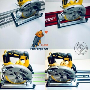 May include: A collection of yellow and black cordless circular saws with silver blades, each mounted on a guide rail. The saws are branded with "DEWALT" and other brand names. The image includes the text "I Love PrintForge Art."