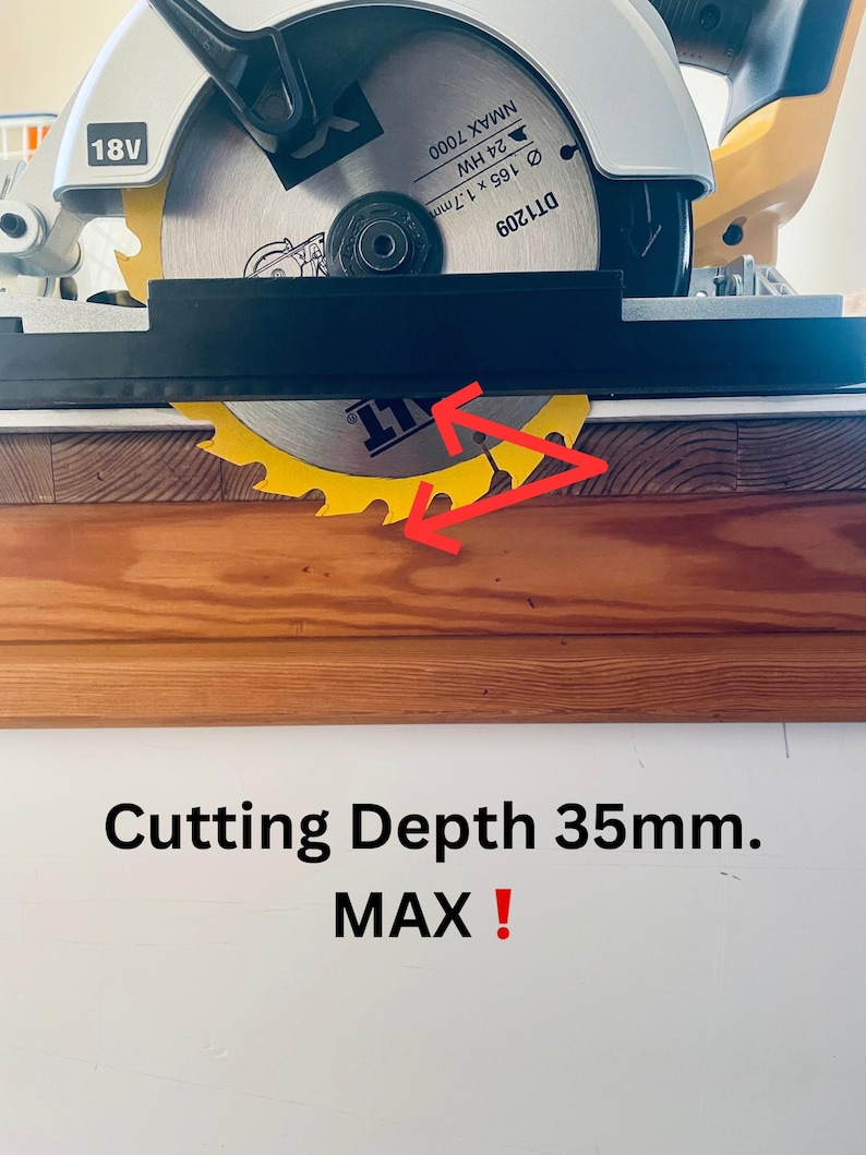 May include: A cordless circular saw with a yellow blade is shown, with the text "Cutting Depth 35mm. MAX!" The saw blade is 165 x 1.7mm. The saw is 18V.