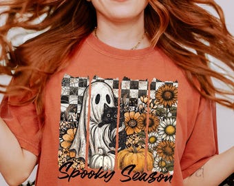 Comfort Colors Retro Ghost Cat Halloween Shirt, Spooky Season Tee
