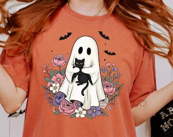 Comfort Colors Ghost Cat Halloween Shirt, Spooky Floral Tee