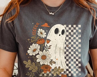 Comfort Colors Checkered Floral Ghost Shirt, Cottagecore Halloween Tee