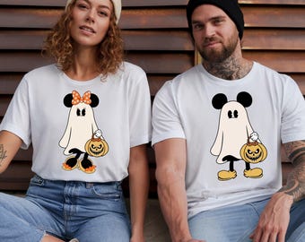 Retro Mickey Minnie Halloween Couple Shirts, Mickey Ghost Shirt, Minnie Ghost Shirt, Spooky Season Shirt, Disney Halloween Tee, Couple Tee