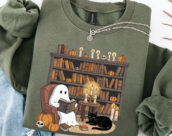 Retro Halloween Ghost Reading Sweatshirt, Librarian Teacher Gift