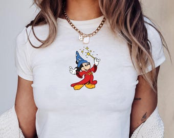 Walt Disney Fantasia Mickey Watercolor Baby Tee Y2K Mickey 90s Vintage, Fantasia Mickey Shirt,Mickey Sorcerer Tee, Disneyland Trip Shirt