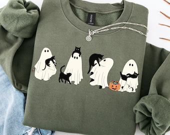 Halloween Black Cat & Ghost Sweatshirt, Halloween Ghost Sweatshirt, Spooky Season Cat Hoodie, Halloween Cute Women Outfit, Halloween Gift