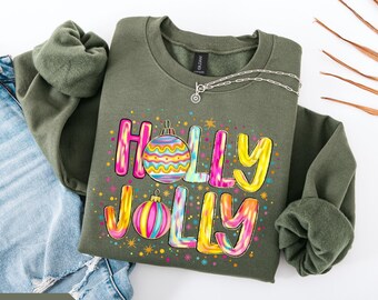 Glitter Holly Jolly Christmas Sweatshirt, Colorful Holiday Hoodie