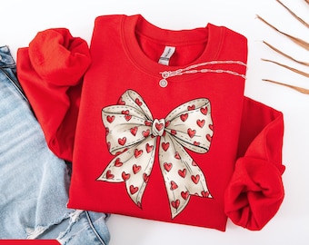 Coquette Valentine's Day Heart Bow Sweatshirt, Retro Valentine Shirt, Valentines day Bow Shirt, Coquette Bow T Shirt, Bow Valentine Gifts