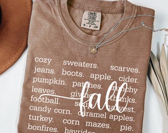 Comfort Colors Fall Shirt, Cozy Autumn Words Tee