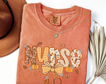 Comfort Colors Fall Nurse Shirt, Floral Pumpkin Tee
