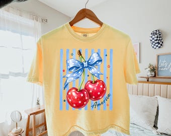 Comfort Colors® Cherry America Boxy T-Shirt, süßes patriotisches Coquette Shirt, Vintage 4. Juli Top, Sommer Freiheit Mädchen Geschenk
