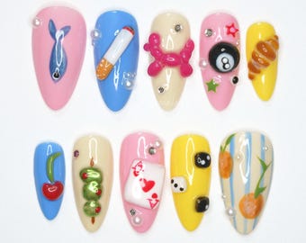 Kawaii 3D Art Press On Nails, Cute Nail Art, Fun Pop Culture Nails, Colorful 3D Nails, Anime Style Nails, Quirky Press Ons NLW7L