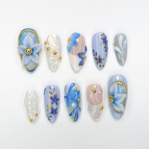 Royal Azure Bloom Press On Nails, Elegant Blue Florals with Gold Accents, 3D Pearlescent Swirls for Weddings & Special Occasions