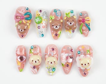 Cute Bear Candy Press On Nails, Kawaii 3D Nails, Pastel Teddy Nail Art, Colorful Sweet Design, Handmade Cute Nails PUY7L