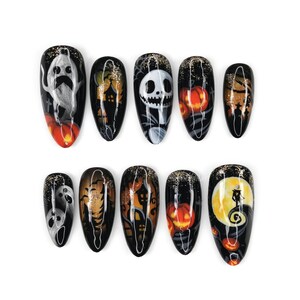 Spooky Halloween Press On Nails, Ghost Nail Art, Pumpkin Nails, Nightmare Inspired, Haunted House Design, Spooky Glam Nails DWFY5