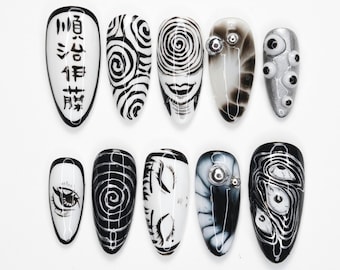 Junji Ito Horror Press On Nails, Uzumaki Spiral Art, Creepy Eye Design, Black White Gothic Nails, Japanese Manga Inspired VTFY5