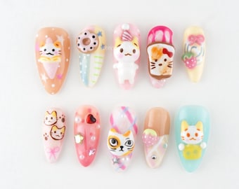Kawaii Cat Dessert Press On Nails, Cute Cat Nails, Pastel Nail Art, 3D Kawaii Nails, Dessert Theme Nails T307L